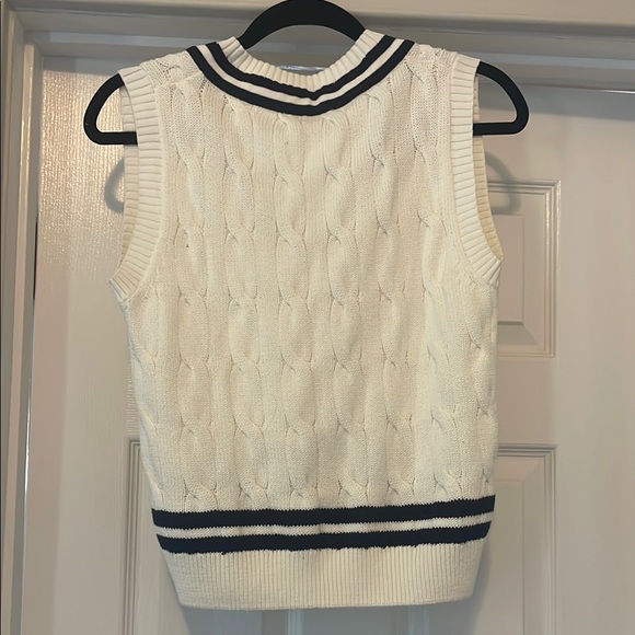 White Cable Knit Sweater Vest with Navy Stripes, EUC - Picture 2 of 4